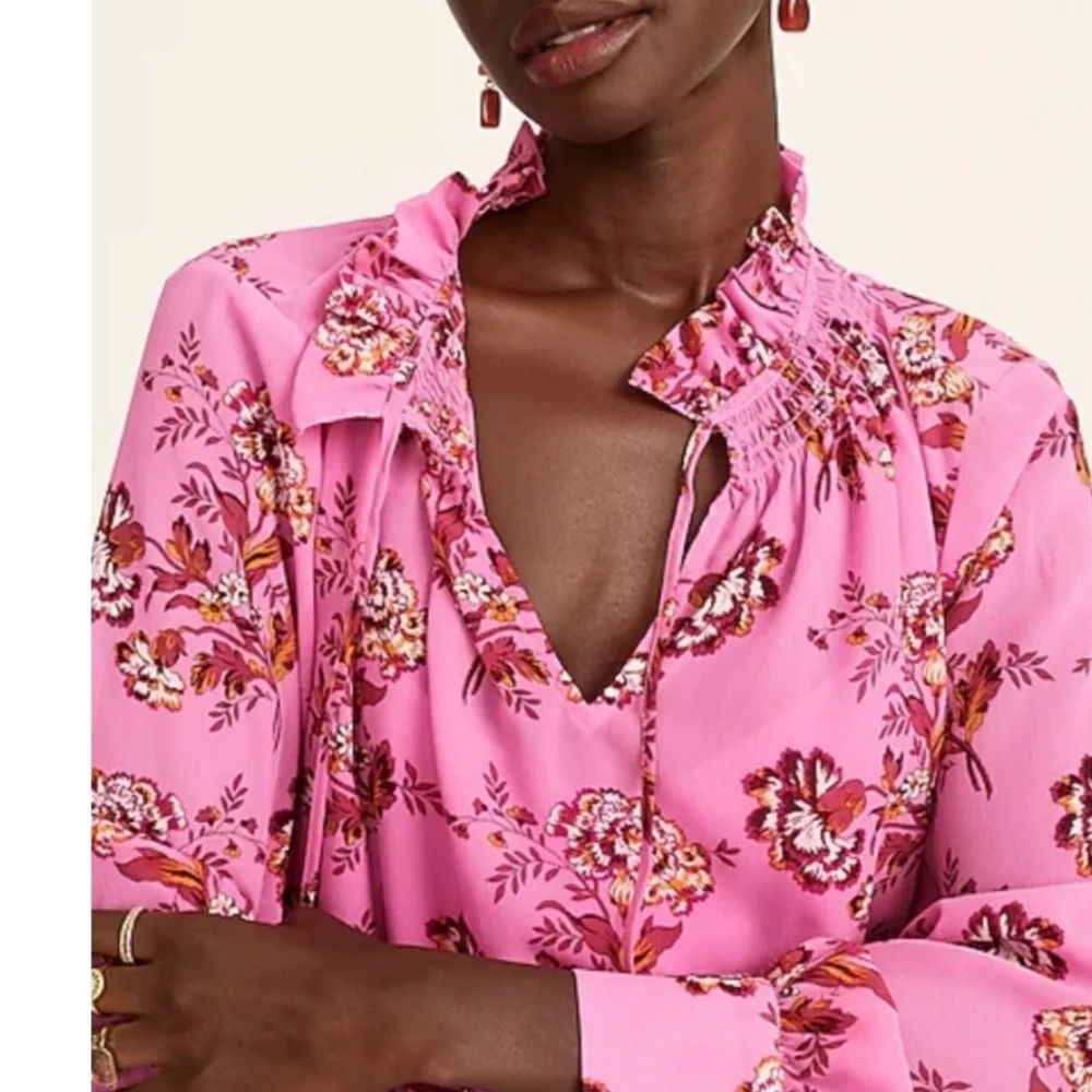 J Crew pink floral sheer drapey tie neck ruffle blouse top S